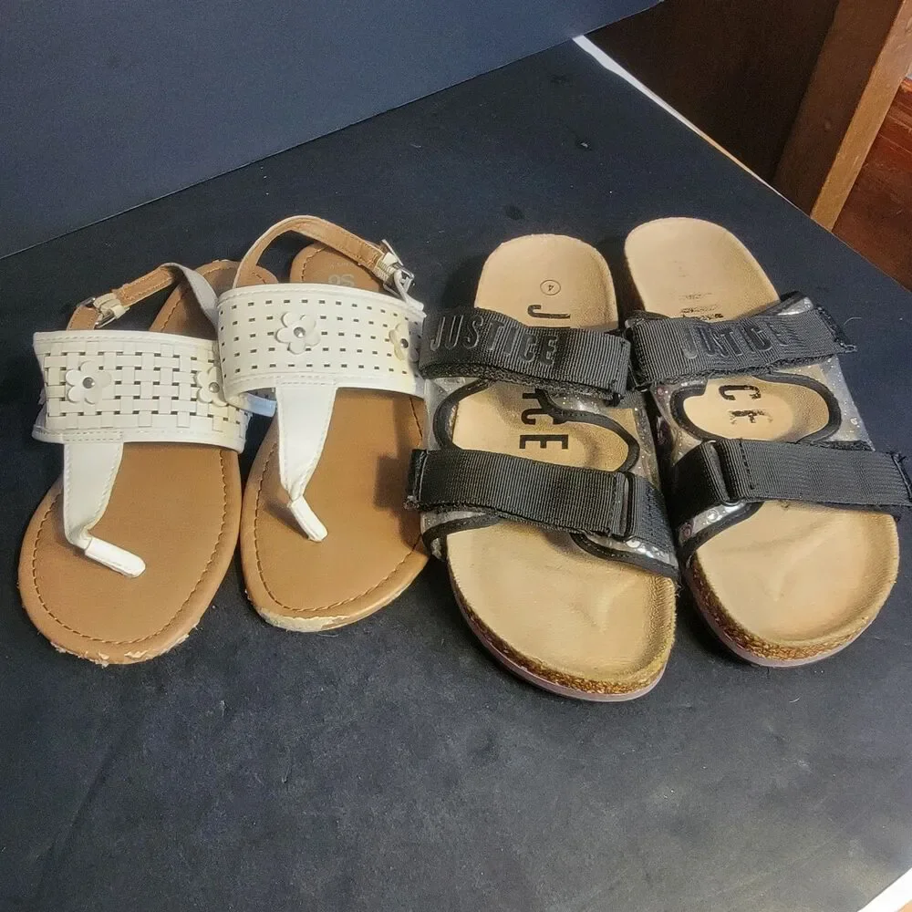 SO Lot 2 Girls Sandals US 4 White Flower Buckle Thong & Black Sequin Slides